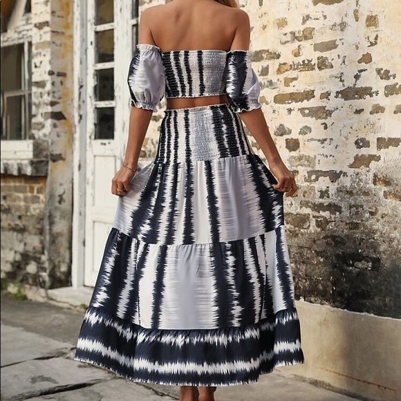 🔲 BOHO BLACK NAVY GREY HIGH WAIST MAXI SKIRT + CROP TOP SET! - Picture 2 of 8